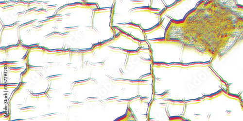 An abstract digital art piece featuring a textured surface with colorful chromatic aberration effects resembling cracking and distortions over a light background.