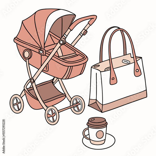Pink stroller diaper bag and coffee cup baby carriage