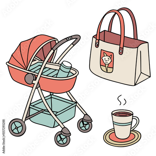 Coral stroller bag and coffee cup baby diaper bag