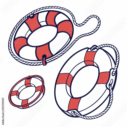 Red and white life preservers with rope lifebuoy safety equipment
