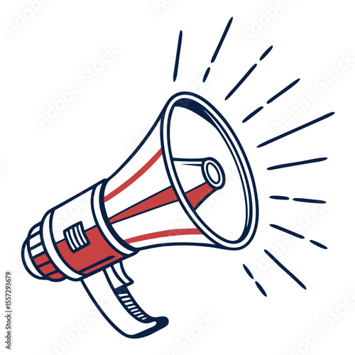 Red and blue megaphone with sound waves bullhorn announcement