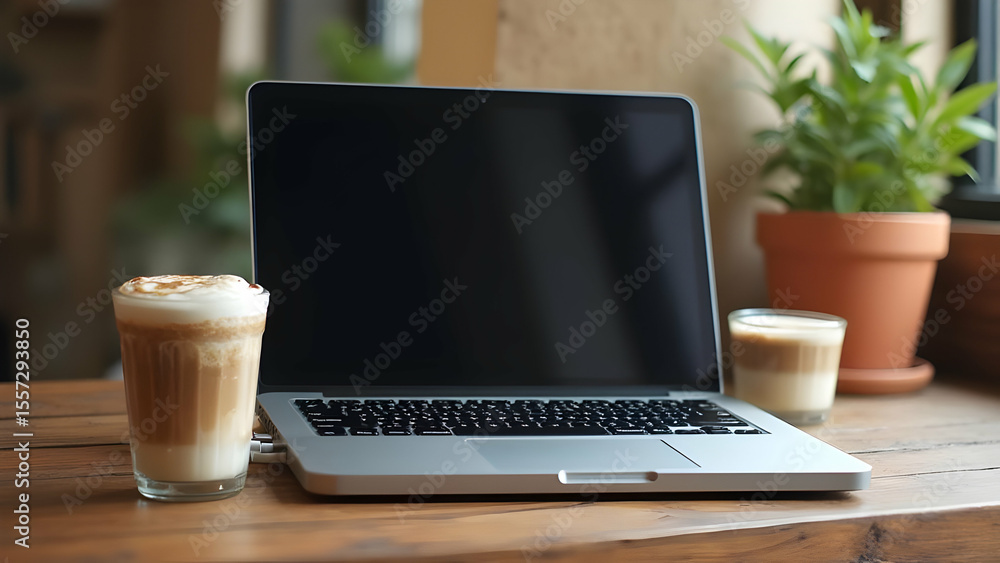 Fototapeta premium Laptop and coffee on a wooden desk in a cafe setting