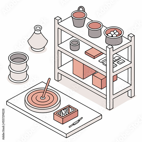 Pottery studio scene with tools and clay kiln