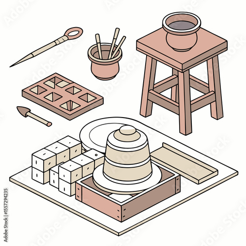 Pottery tools and materials isometric illustration