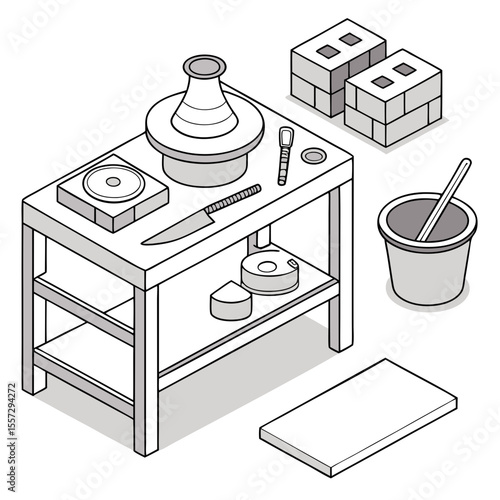 Pottery studio setup with tools and clay kiln