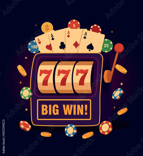 Vector bright illustration of casino theme banner, slot machine 777. Slot machine, chips, cards, on dark background. Gambling, luck flat design template for casino projects and advertising