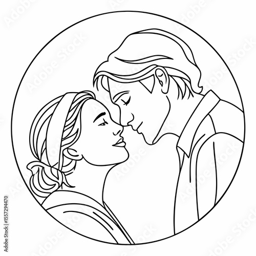 Couple embracing tenderly in circular art embrace love