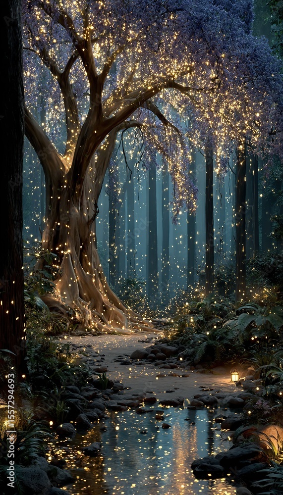 Lit-up fairytale forest path, ethereal blooms, dark, inviting Lit-up fairytale forest path, ethereal blooms, dark, inviting