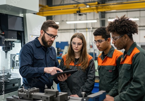 A technician explains manufacturing processes to students in a workshop setting.