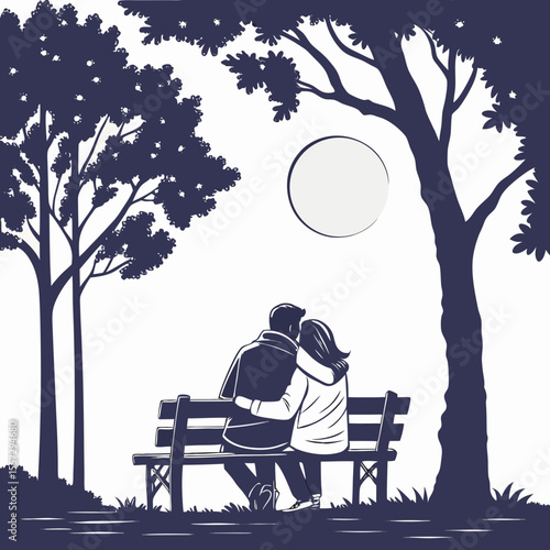 Couple embracing on park bench under moon moonlight