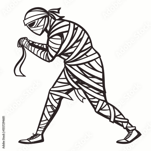 Black mummy figure with bandages and shoes white