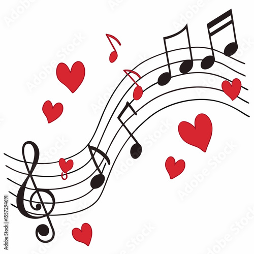 Musical notes and red hearts on staff black