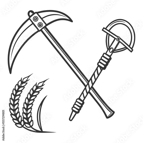 Crossed sickle and scythe with wheat stalks grain agriculture