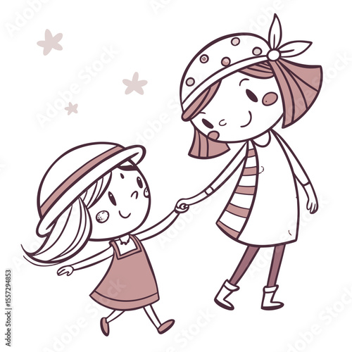 Two happy girls holding hands friendship sisters