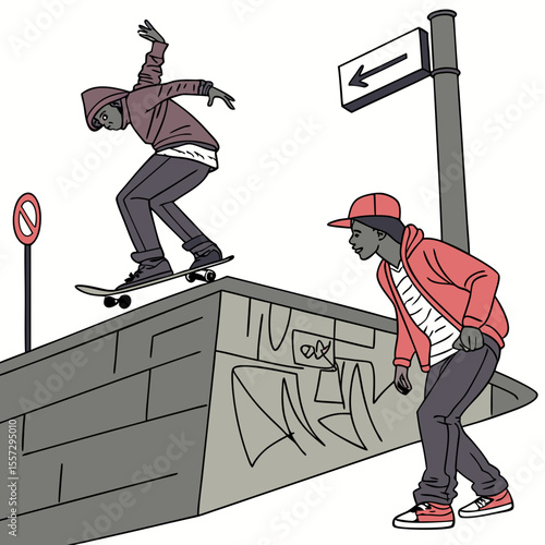 Urban skateboarders performing tricks on concrete ramp