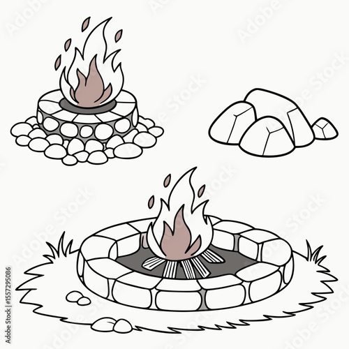 Stone fire pit with flames and rocks campfire bonfire