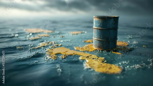 A toxic barrel floating on the polluted sea, illustrating an environmental disaster