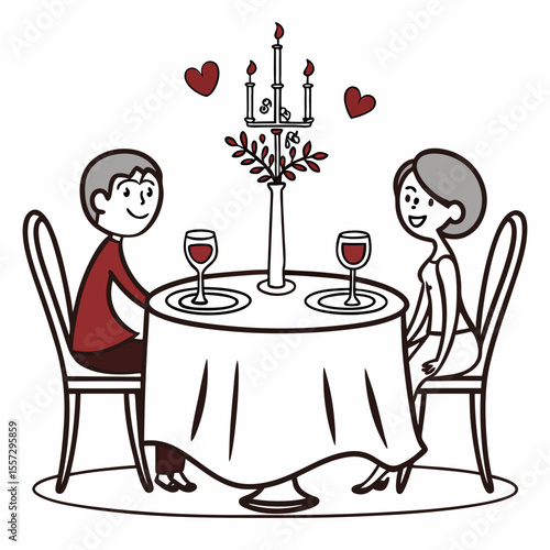 Couple enjoying romantic dinner with wine table chairs