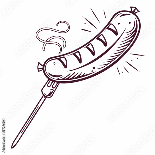 Sausage on fork with steam and sparks food cooking