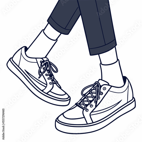 Dark blue sneakers with white socks and pants shoes