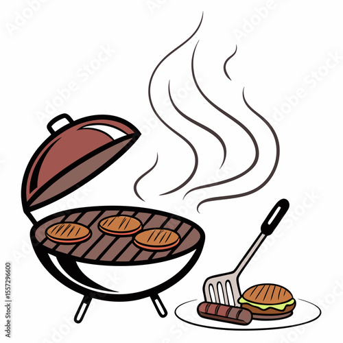 Barbecue grill with burgers and sausages cooking