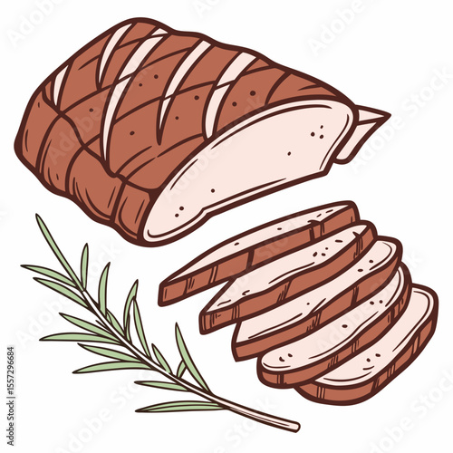 Sliced smoked brisket with rosemary sprig sliced meat