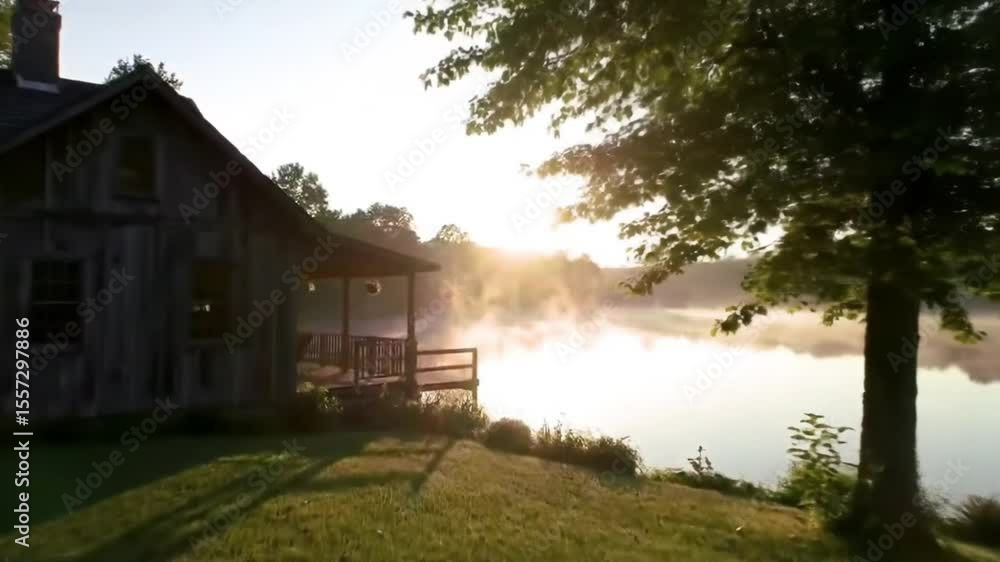 Rustic cabin sunrise on a lake Rustic cabin sunrise on a lake