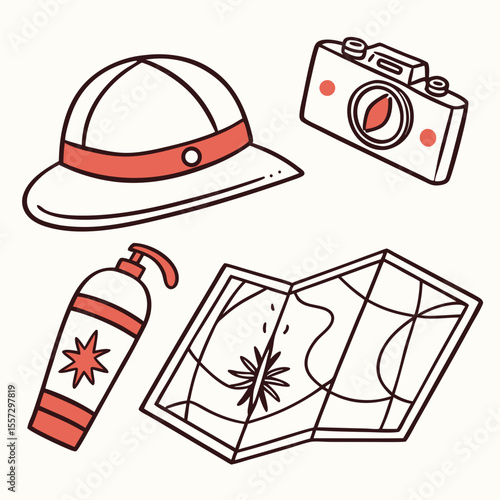 Safari hat camera sunscreen map adventure icons travel