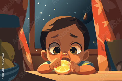 Toddler tasting lemon for the first time, face scrunched in surprise and displeasure.