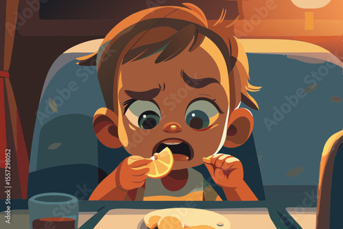 Toddler tasting lemon for the first time, face scrunched in surprise and displeasure.