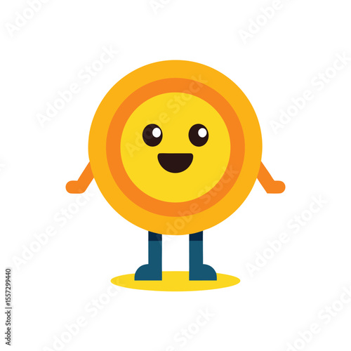 Yellow coin character with blue feet on white mascot