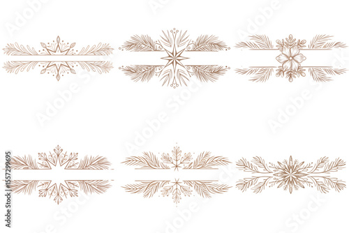 Set of six hand-drawn horizontal dividers in brown pencil with central star motifs and thin side lines
