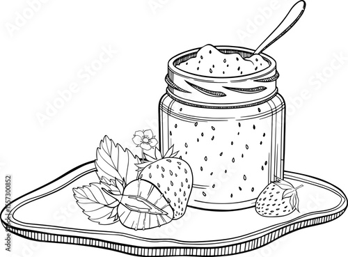 Vector composition with jam in a glass jar on a stand and strawberry.