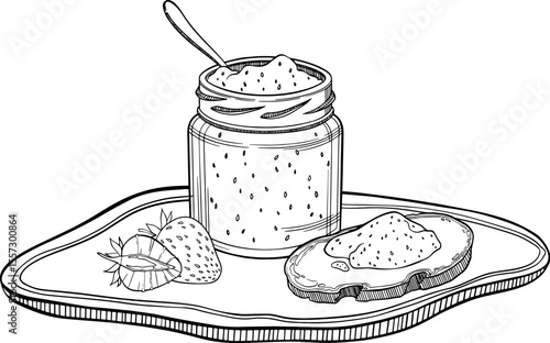 Vector composition with strawberry jam in a jar, a sandwich with jam and strawberries.
