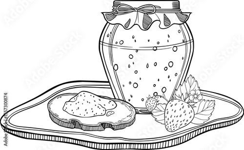 Vector illustration of a jar of jam on a stand and sandwich with jam and strawberry.