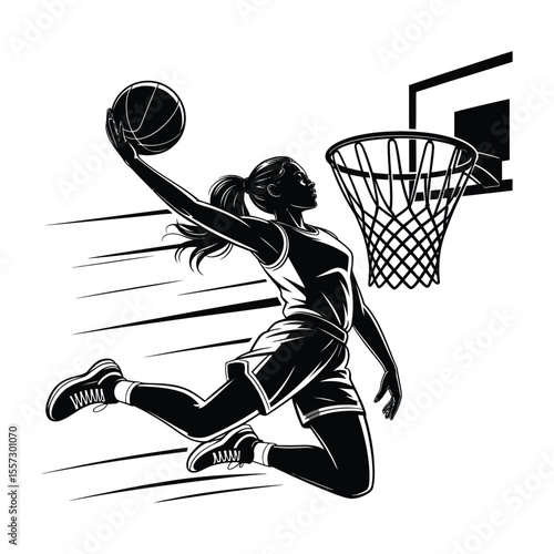 Dynamic black and white illustration of a female basketball player dunking the ball