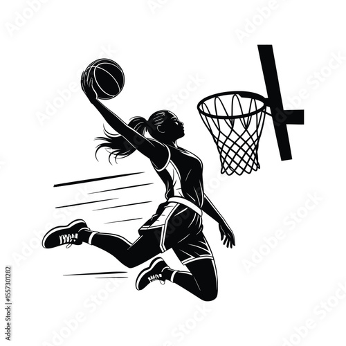 Dynamic silhouette of a female basketball player dunking the ball in action