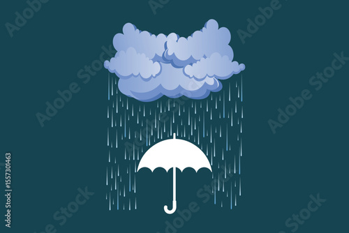Cartoon-style umbrella with soft falling rain drops, vector flat weather scene for educational content, print design, nursery art, and seasonal visuals
