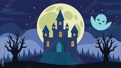 An eerie ghost floats near a spooky halloween castle under a full moon