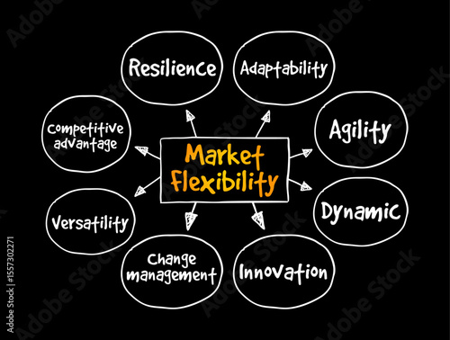 Market Flexibility - how quickly a firm responds to changing conditions in the market, mind map text concept background
