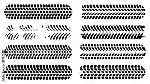 Eight Black Tire Track Designs on White Background Detailed Vehicle Tread Marks and Impressions