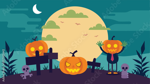 A pumpkinheaded businessman celebrates halloween by a spooky grave