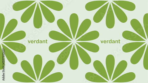 Green Floral Pattern with Verdant Text Abstract Flower Design on Light Background