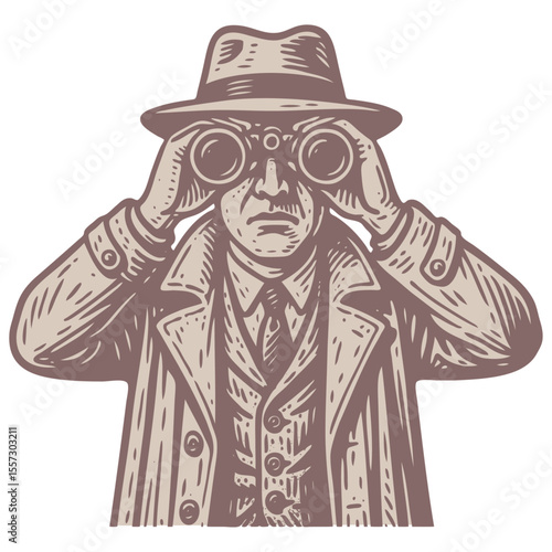 A spy or detective in a trench coat and fedora watching with binoculars. A retro vector illustration in a vintage woodcut style for a noir concept.