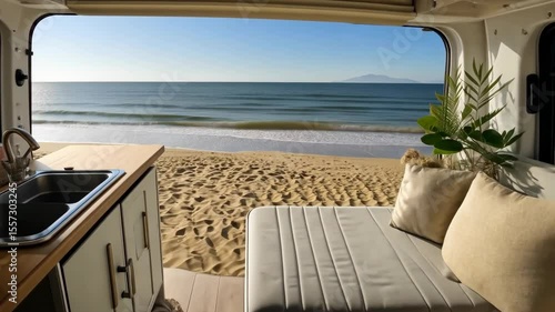 modern motorhome interior with compact functional design, mobile living concept of camper design, motorhome sales, travel industry