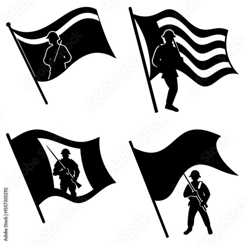 Four black dresses with different necklines and skirt styles arranged in a square pattern format