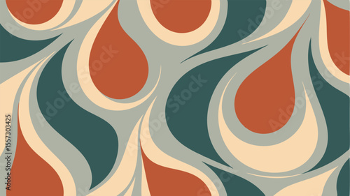 Retro Teardrop Pattern in Teal, Peach, Gray and Burnt Orange Hues Seamlessly Repeating