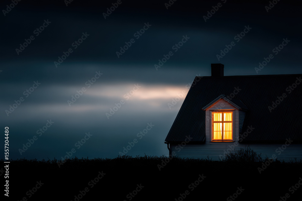 warm glow from window in cozy library contrasting against dark sky filled with clouds warm glow from window in cozy library contrasting against dark sky filled with clouds