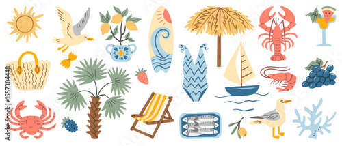 Collection of hand-drawn summer elements including seafood, palm trees, sun, seagulls, fruits, swimwear, sailboat, beach umbrella, coastal decor. Perfect for seaside themes, travel-inspired designs.