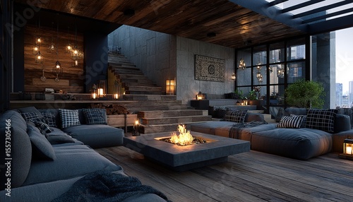 Luxurious, modern rooftop lounge with firepit, stairs, city views